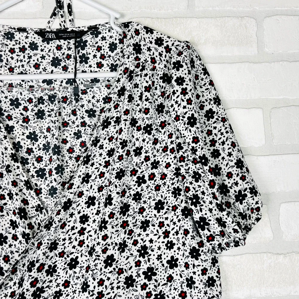 Zara Womens Floral Wrap Top White Black Red Ditsy Puff Sleeve Blouse Medium